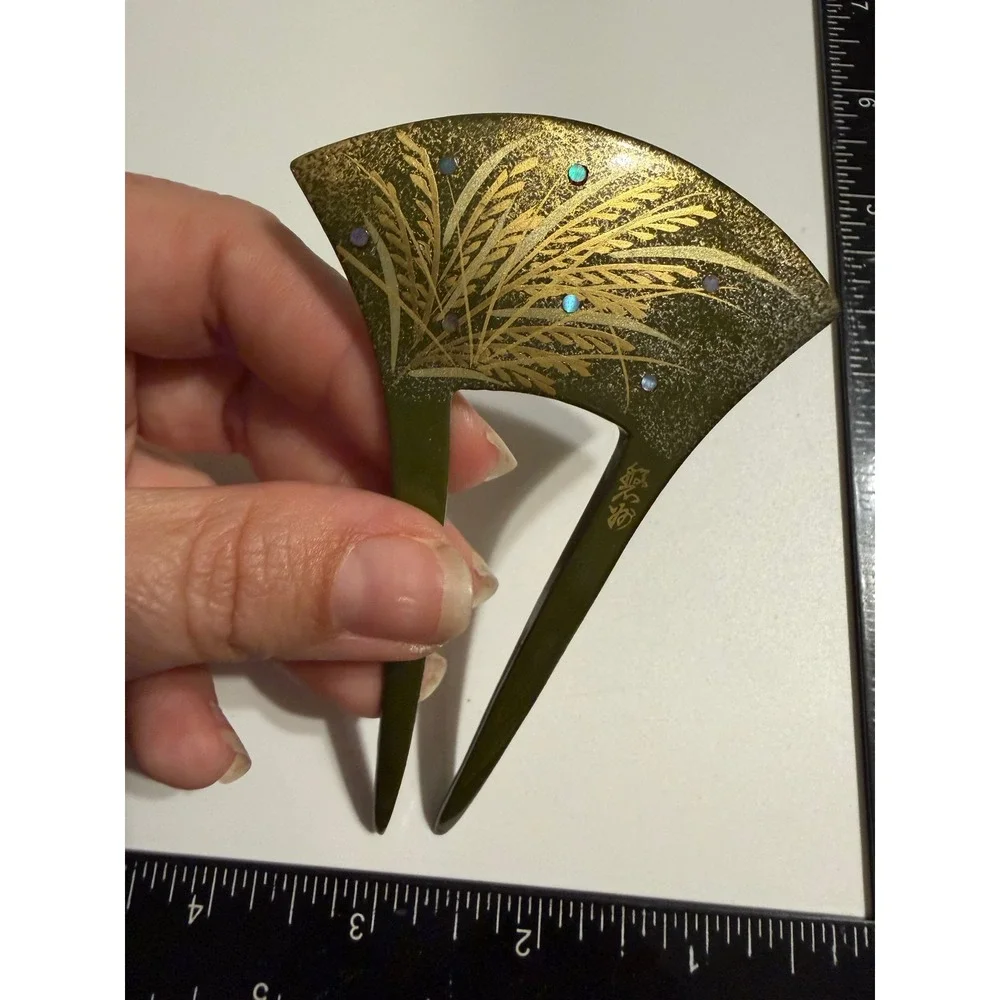 Vintage Japanese Kanzashi Hair Pin Fan Shape Gold Wheat Abalone Shell Signed